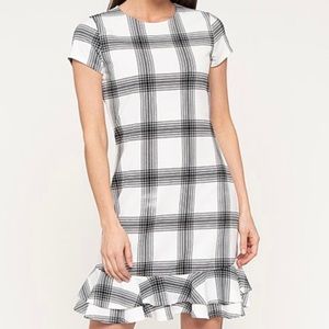 Aqua Plaid Black and White Ruffle Hem Dress